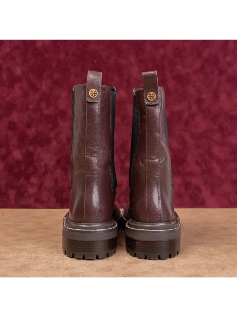 Tory Burch Women Benton Chelsea Fashion Burgundy Leather Lug Ankle Boots sz 8